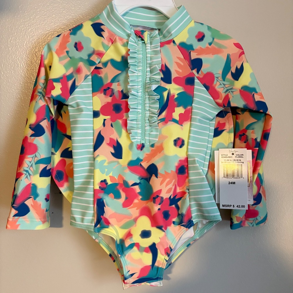 Jessica Simpson Baby Girls 24M Floral Long Sleeve Swimsuit and Hat Set New‎